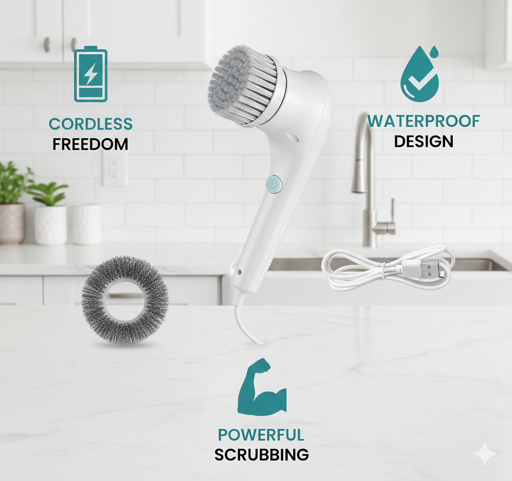 Electric Scrubber, 5 Replaceable Brush Heads – Rechargeable